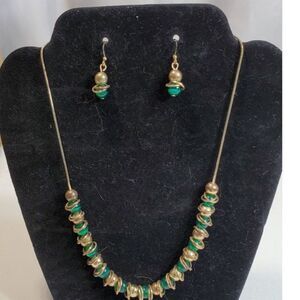 Dark Green and Gold Round Bead Necklace with Earrings